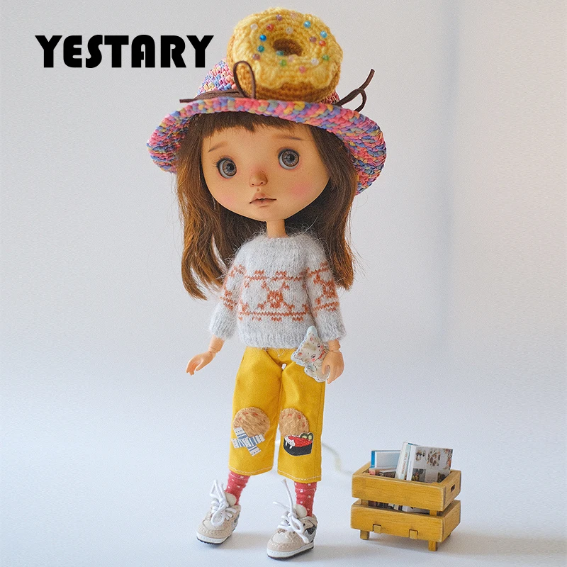 YESTARY 1/6 BJD Dolls Clothes Handmade Knitted Tops 7-point Pants For Ob22 Doll Cute Donut Hat For Blythe Qbaby Doll Accessories