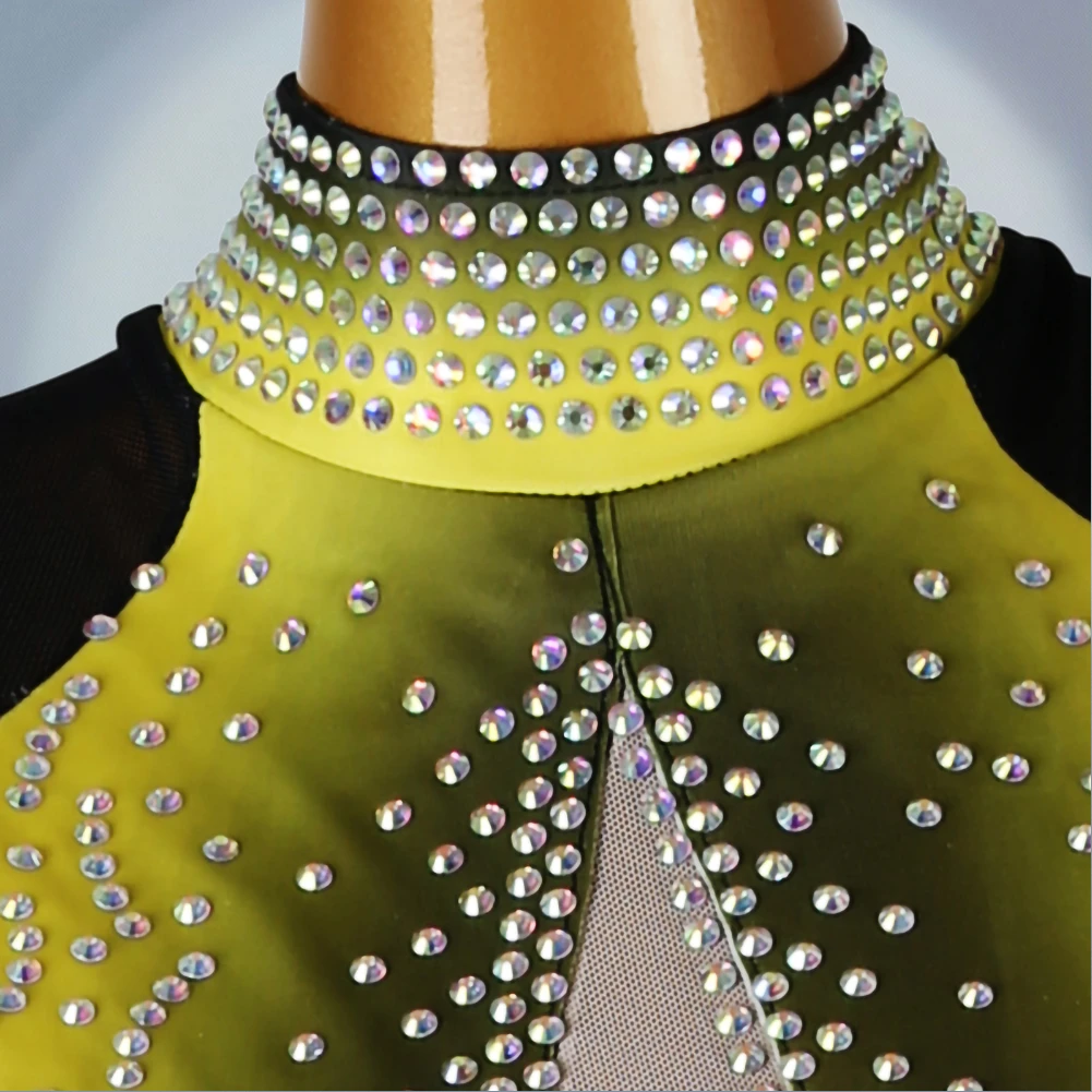 فستان مسابقة الرقص اللاتيني الجديد بأكمام طويلة، ملابس شرابة سامبا بياقة عالية، فستان رقص نسائي أصفر