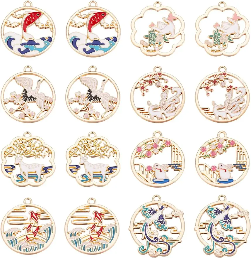 

32Pcs 8Styles Animal Enamel Charms Flower Cat Bunny Bird Fox Deer Fish Charms Alloy Flower Charm Bulk for Jewelry Making Charms