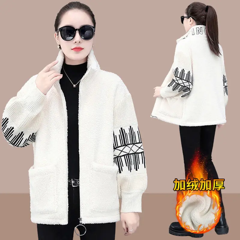 Warm Stitching Lamb wool Winter Jacket Female 2023 Fashion Loose Plus velvet Thick Coat Short Casual Women\'s Zipper Outwear Tops