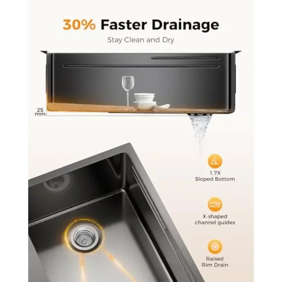 Drop-in kitchen sink for residential use, 304 stainless steel, black finish, corrosion-resistant and scratch-resistant surface