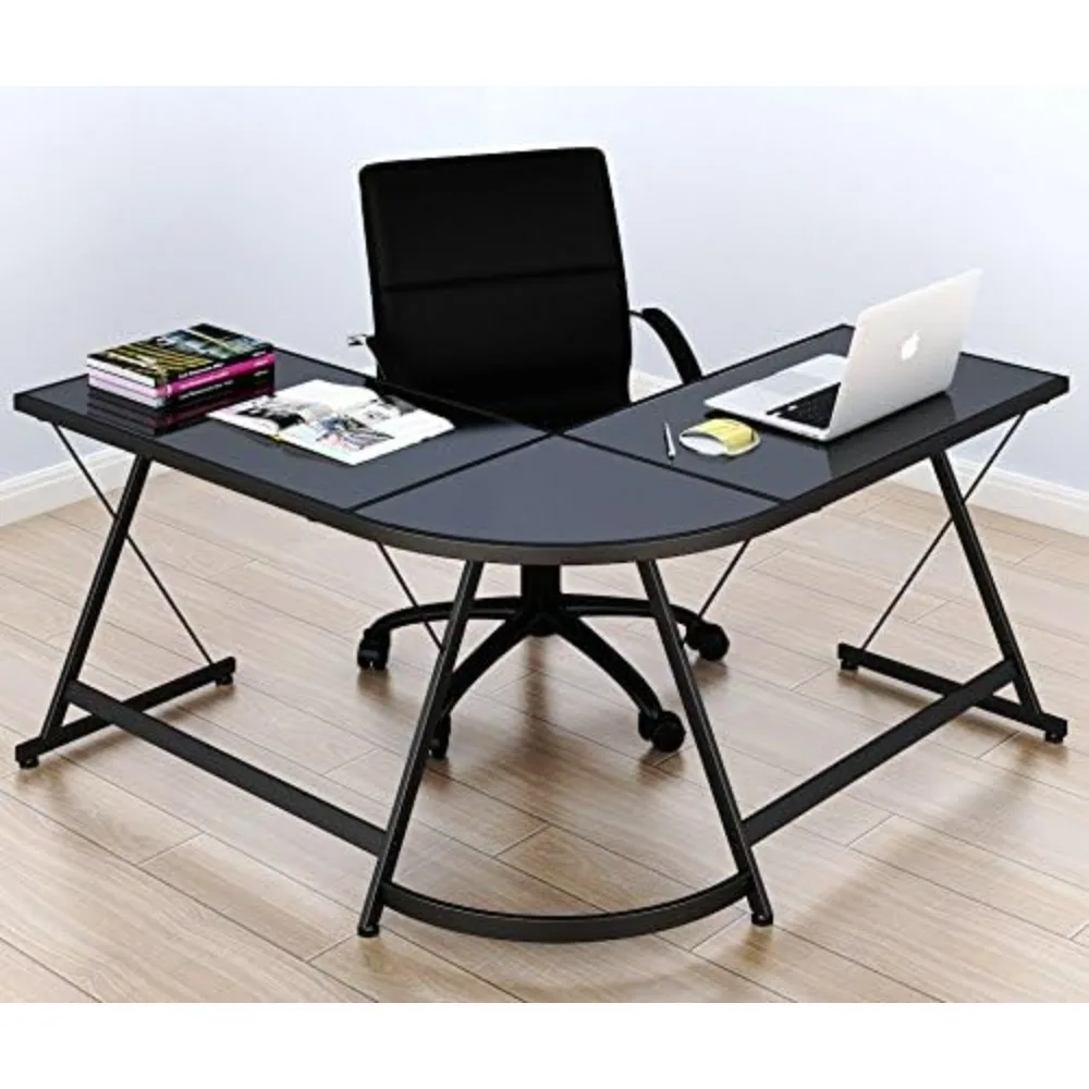 Gaming Desk Computer L-Shape Corner Studio Table, Black, Glass Top Office Desks