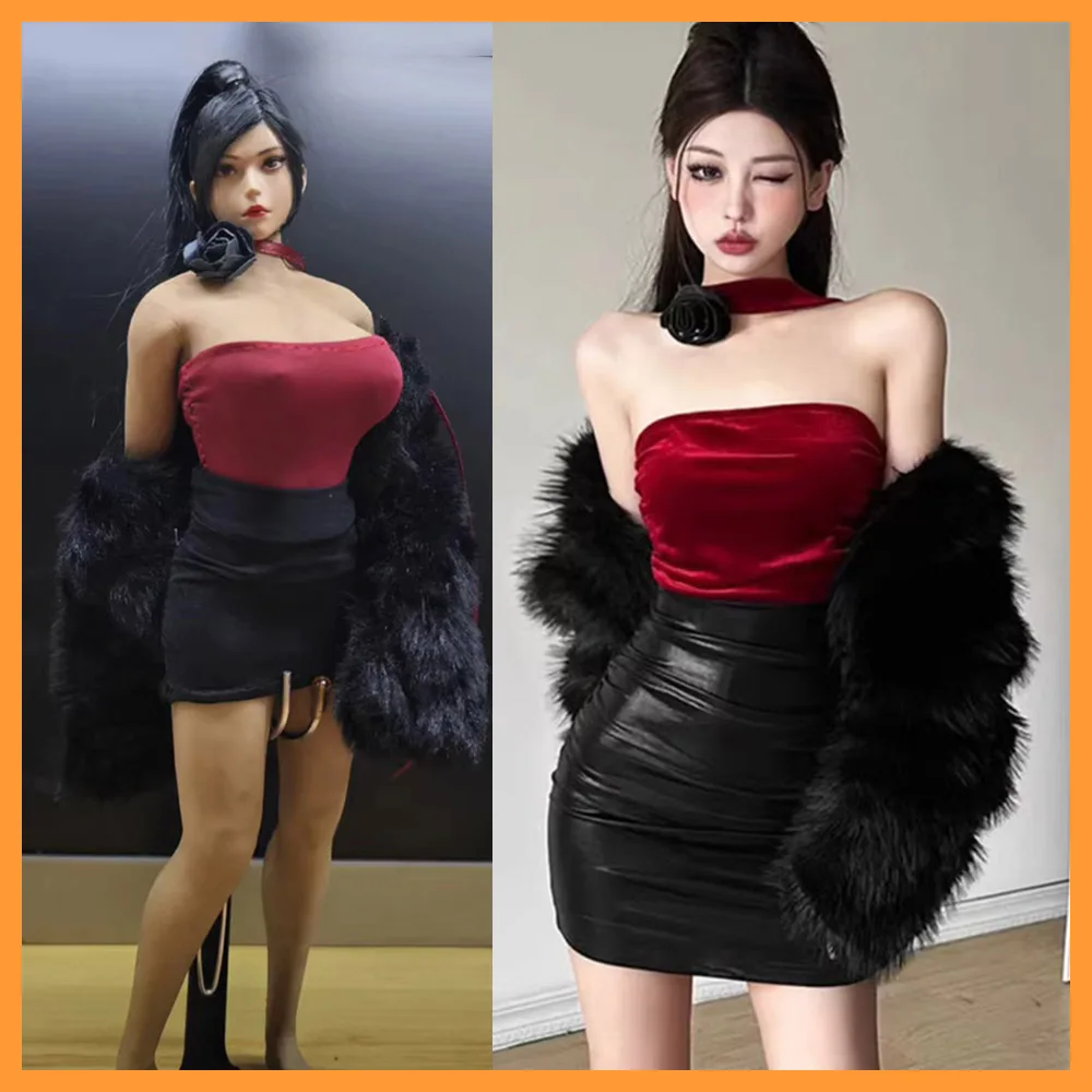 1/6 Scale Female Night Club Sexy Clothes Set Tight Off-shoulder Bra Slim Hips Skirt and Fur Coat for 12