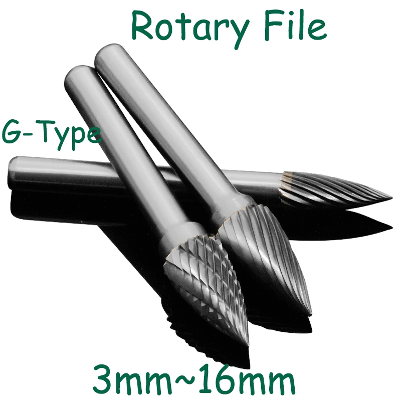 3~16mm Alloy Rotary File Tungsten Steel Hard Metal File Milling Cutter Wood Carving Grinding Head 6mm Shank G-Type Curved Tip