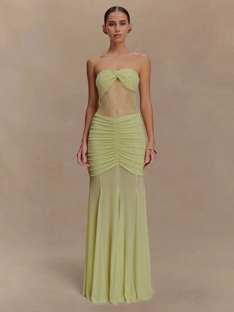 Articat elegante senza spalline in pizzo patchwork doppio strato stretto abito lungo donna sexy backless sheer party club aderente abiti2025