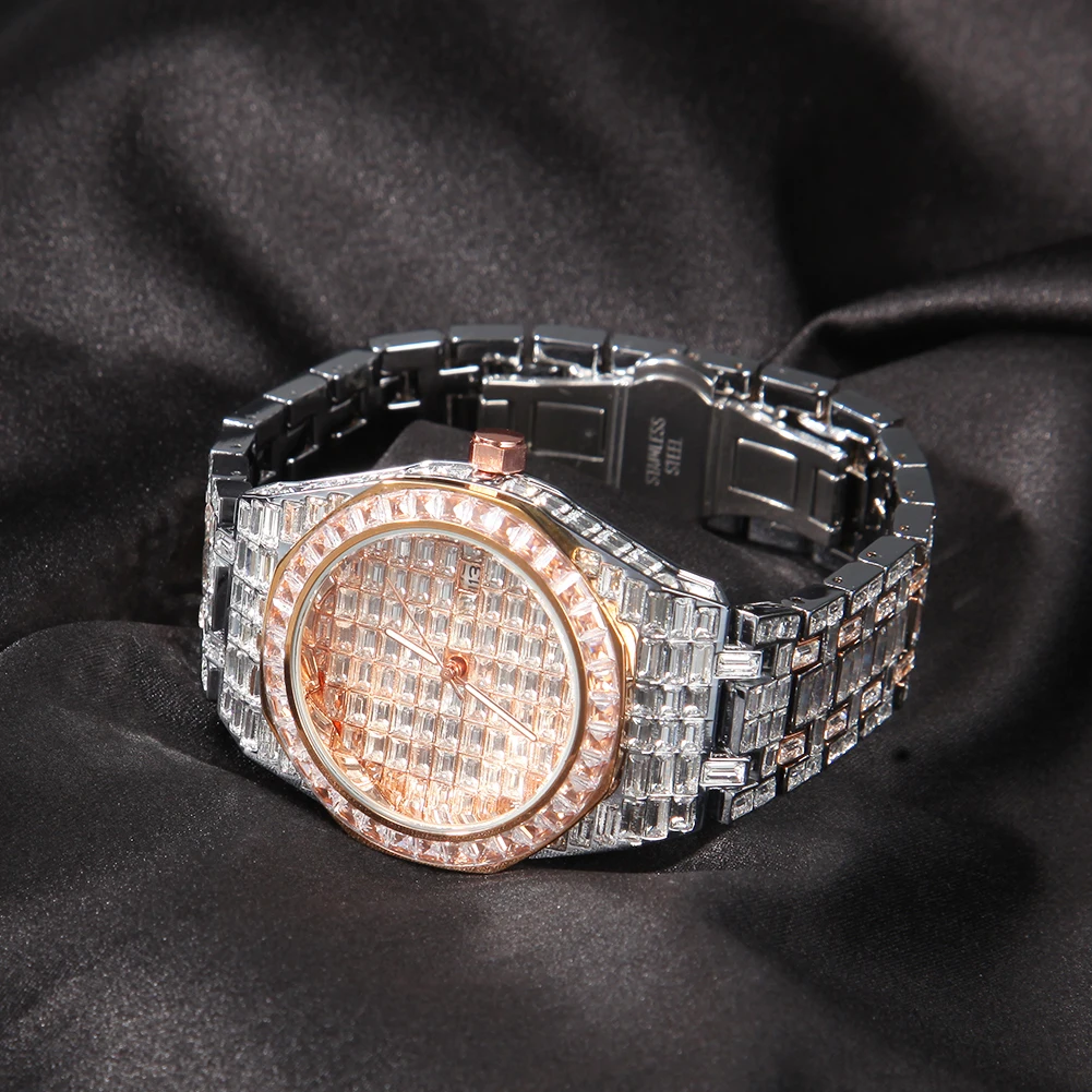 Uwin Square Zircon Watches  Baguette Stone Full Iced Out Big Dial Watches Pink Black Stainless Steel Luxury Rhinestones Quartz