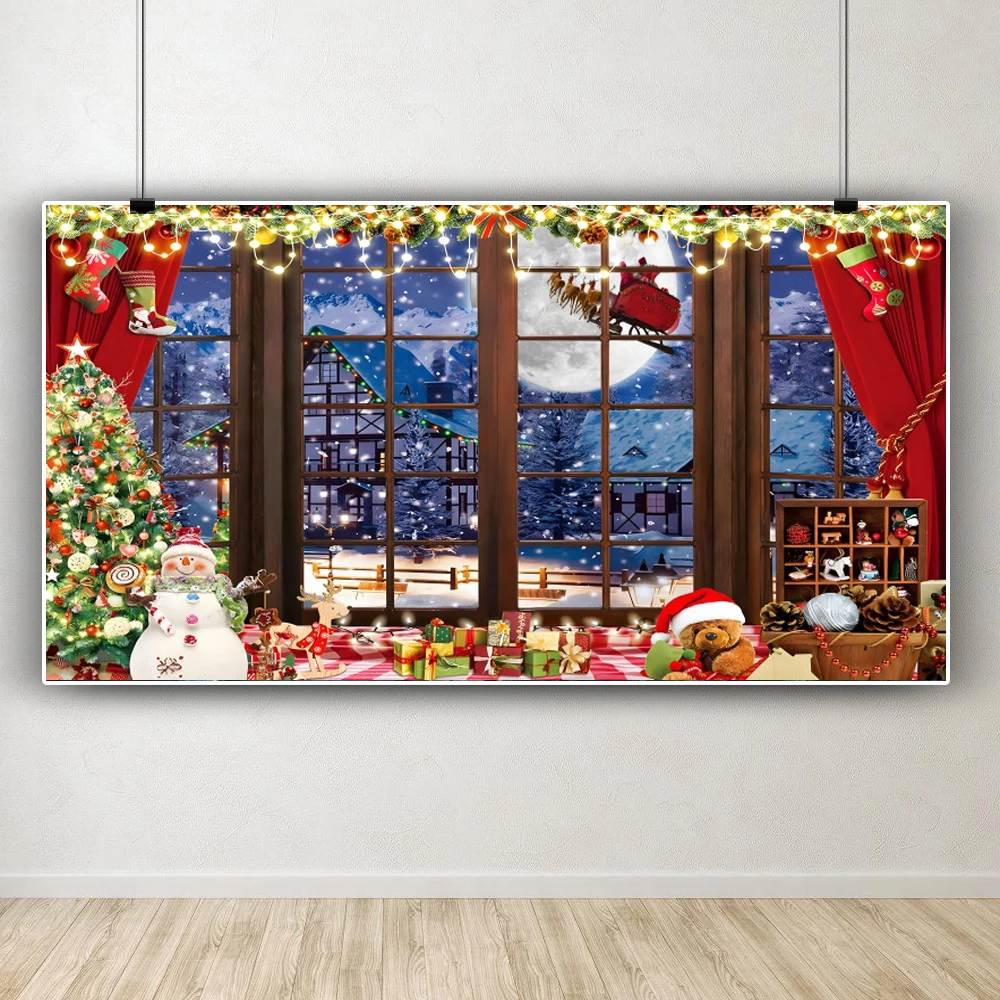 عيد ميلاد سعيد خلفية نافذة سانتا كلوز هدايا الطفل صور التصوير الفوتوغرافي ديكور الحفلات التصوير خلفية الصورة استوديو الدعائم