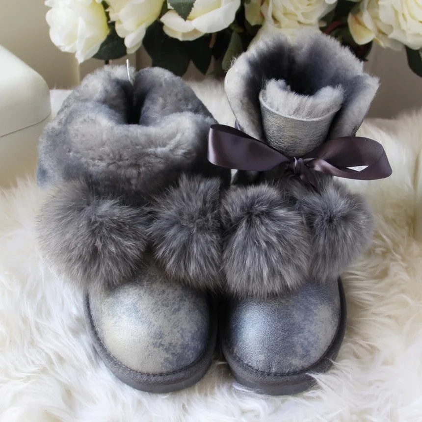 G&ZaCo Luxury Genuine Sheepskin Boots Women Winter Fox Ball Wool Snow Boots Waterproof Sheep Flat Short Boots Women\'s G Boot