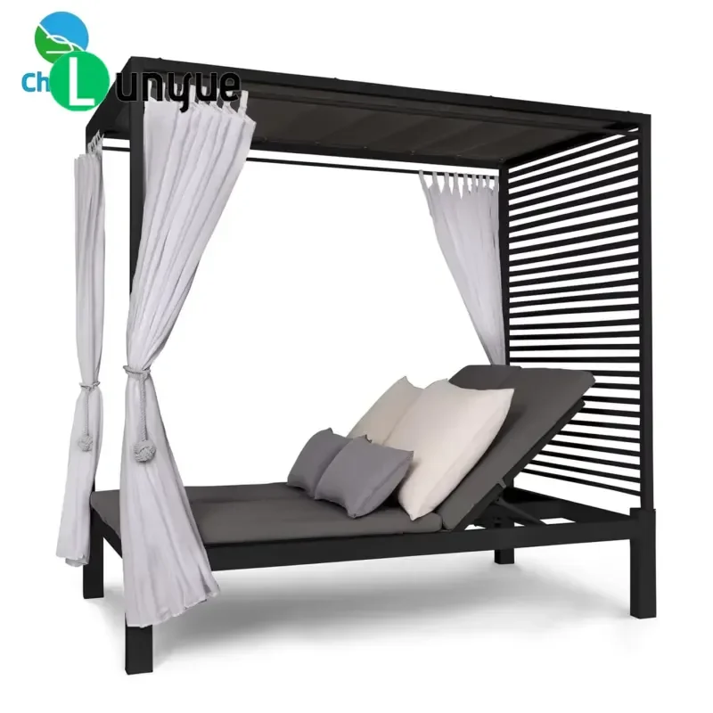 Double Steel Outdoor Lounger Bed with Upholstered Adjustable Backrest for Patio Poolside Garden Furniture Durable Comfortable