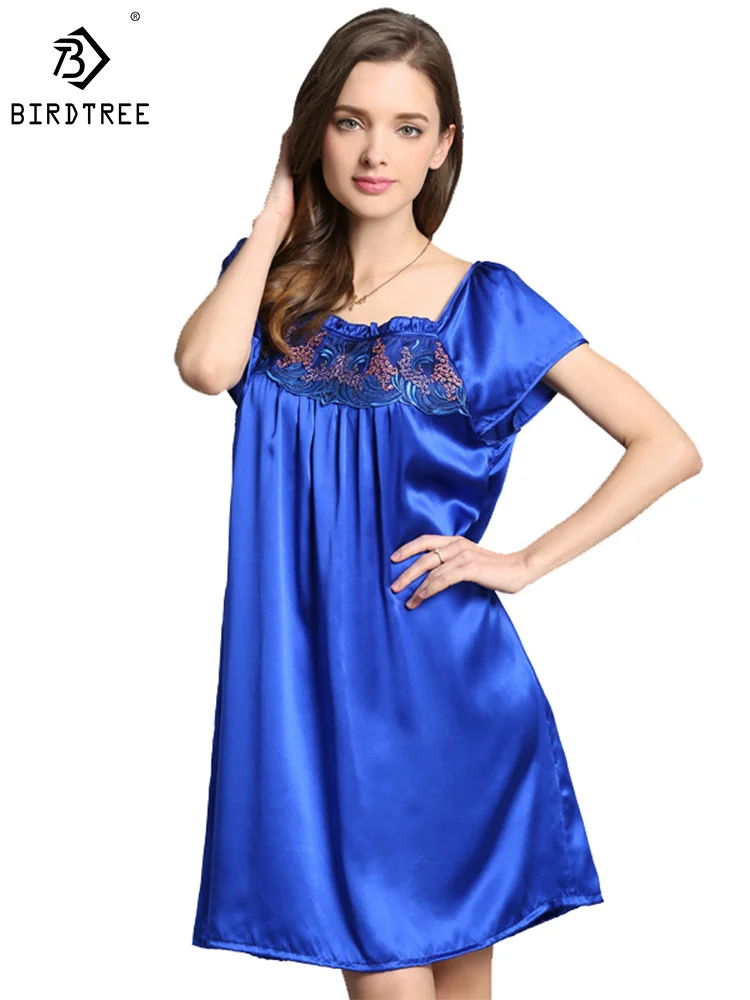 

Birdtree 100%Real Silk Dresses for Women, Short Sleeve Sequined Embroidery , Elegant Natural Pajamas, 2024 Spring New P41023QM