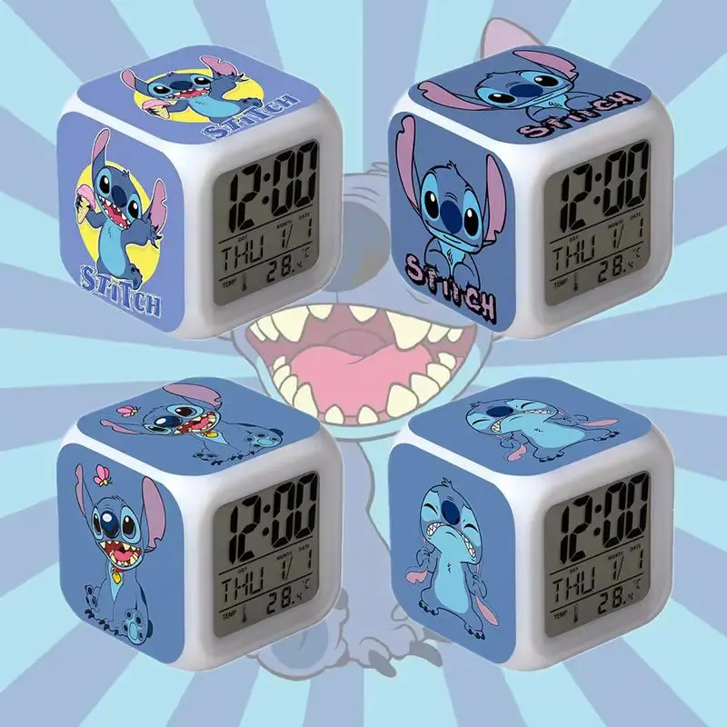 Disney Lilo Stitch Alarm Clock Led Color-Changing Digital Lights A Variety Of Pictures Cartoon Action Dolls Simple Lovely Gifts