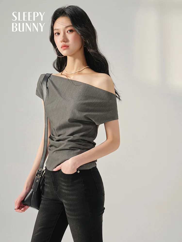 Asymmetrical Off Shoulder Shirt for Women Summer Slim Fit One Shoulder Blouse Elegant Draped Top Casual Chic Korean Style Outfit