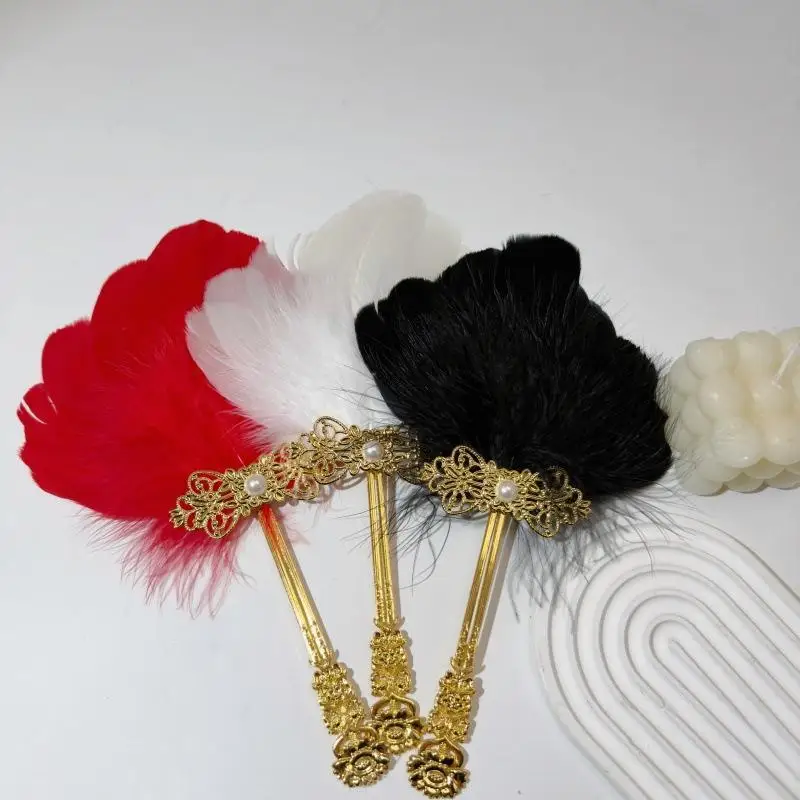 【HG】Gold Handle Feather Hand Fan Colorful Vintage Ornate Fluffy Feather Fan Chinese Style Fairy Fan Dance Fan Stage Performances