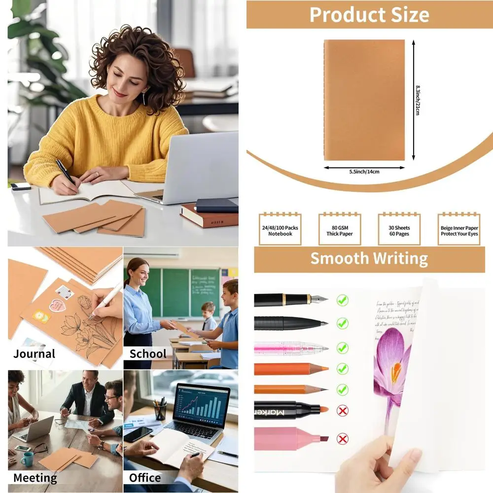 

Bulk 100 A5 Kraft Journals, Soft Cover, 8.3x5.5, 60-Page Travel Notebooks for Writing & School