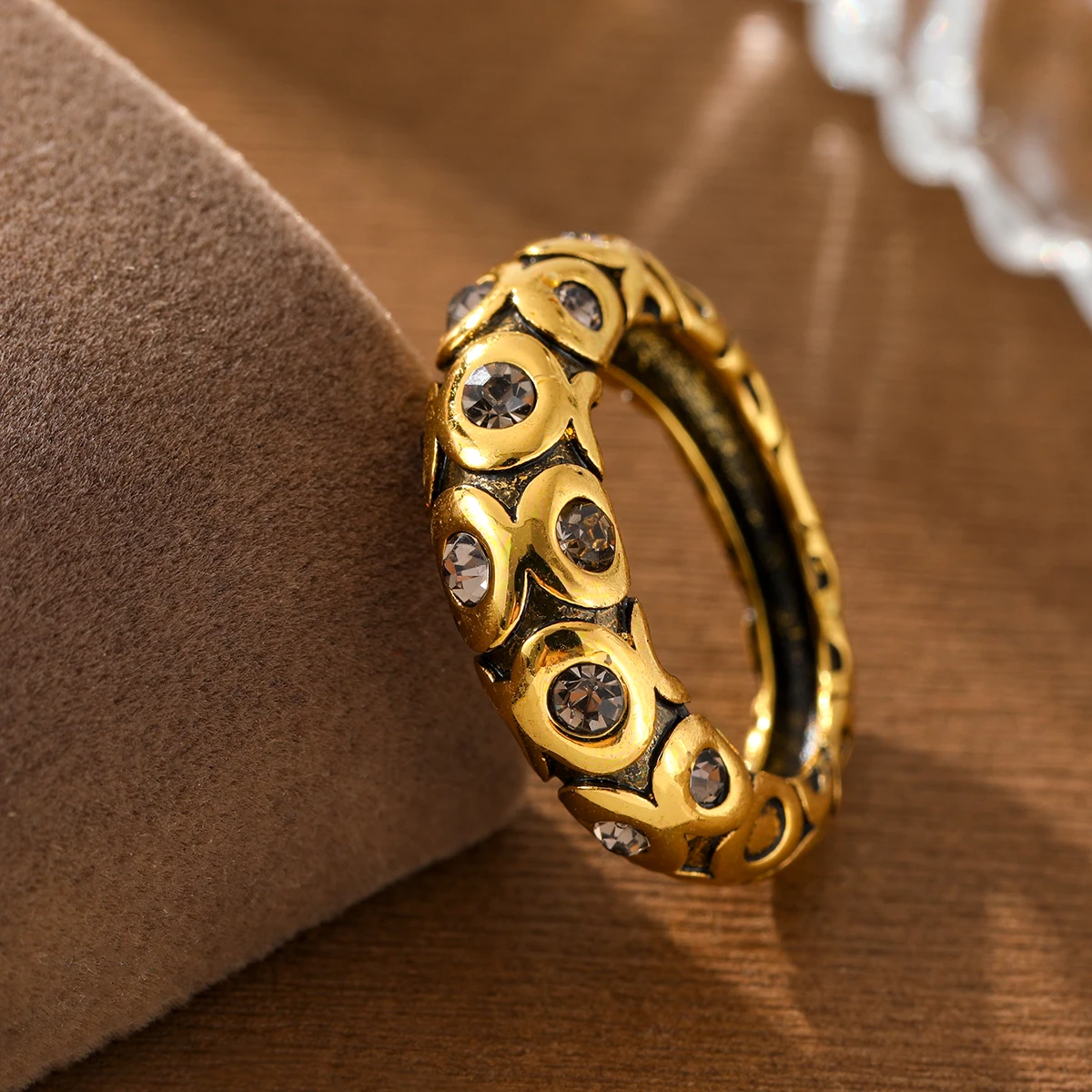 Women's Copper Geometric Pattern Ring with Gemstones