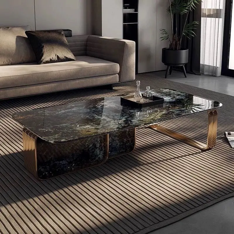 

2024 High-End Home Italian Minimalist Luxury Rectangular Microcrystalline Marble Coffee Table Creative Stainless Steel New Metal