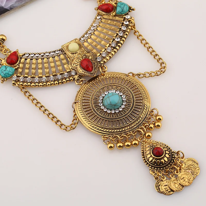 Boho Retro Golden Necklace Earrings Set For Women Luxury Turquoises Long Pendant Earrings Set Indian Bollywood 2023 Jewelry