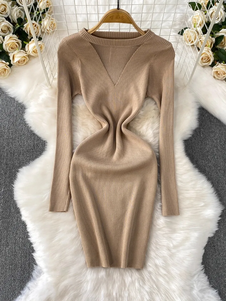 Foamlina Feminine Sexy Sheer V Neck Long Sleeve Knit Dress Women Winter Body Sculpting Slim Fit Bodycon Midi Skirt