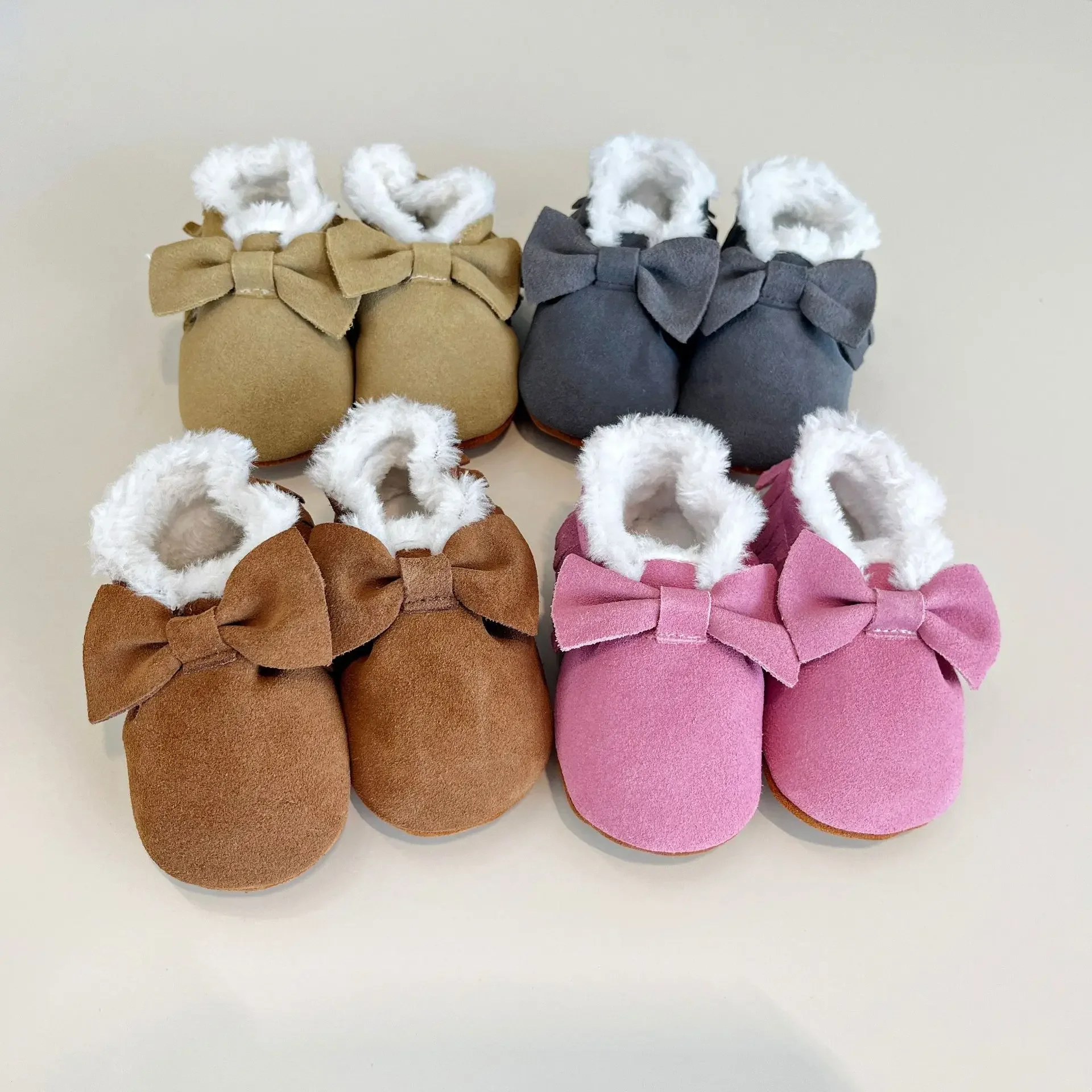 Winter Baby Boys Shoes Suede Leather Bow Warm Thick Plush First Walkers Cow Leather Newborn Girls Indoor Shoes