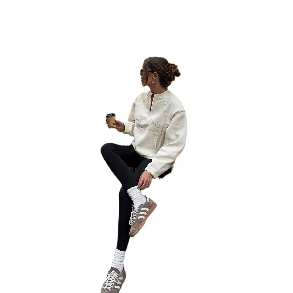 سترة نسائية لخريف 2025 بياقة دائرية من قماش تيري نصف سحاب سترة راجلان كم متعددة الاستخدامات معطف بلوفر #5