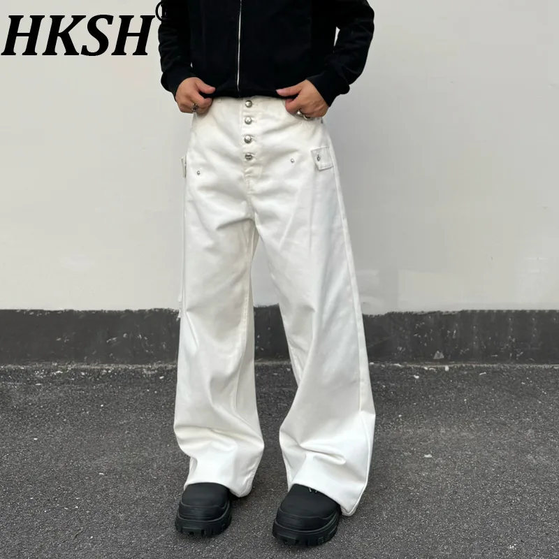 

HKSH Spring Autumn Men American High Street Button Niche Design Jeans Trendy Loose Straight Denim Pants A-Line Wide-Leg HK14540