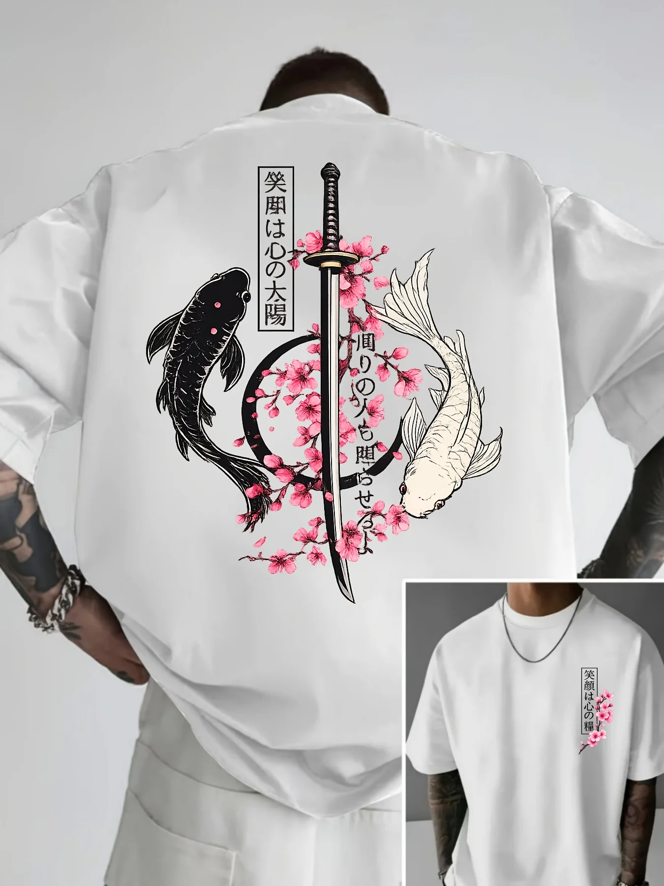 Men's Vintage Japanese Koi Fish Sword T Shirt Cotton Jogging Top Tee Casual Trendy Oversized Loose O-Neck Unisex Summer Spring