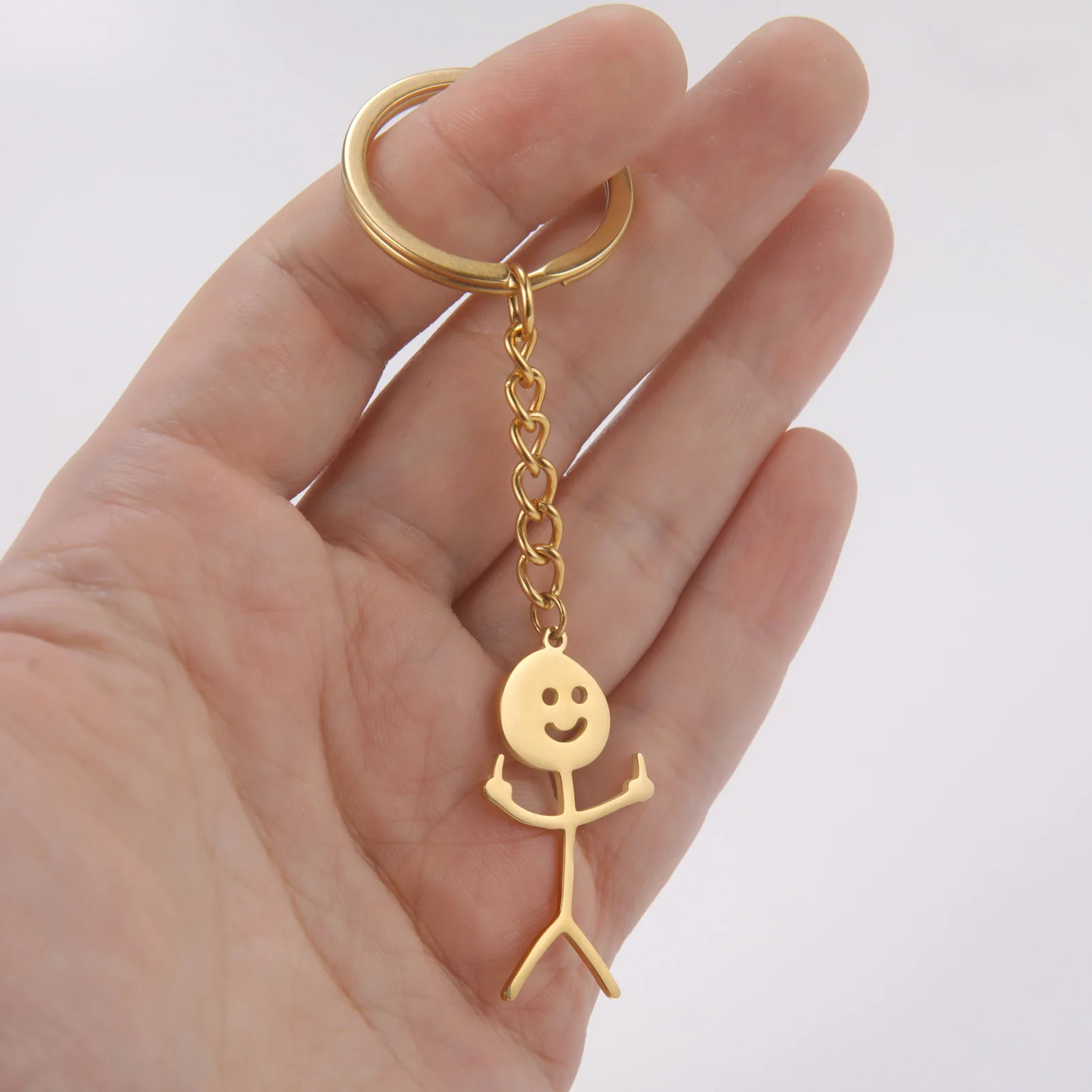 Hip Hop Funny Middle Finger Stickman Keychain for Men Women Stainless Steel Silver Color Pendant School Bag Car Keyrings Gift