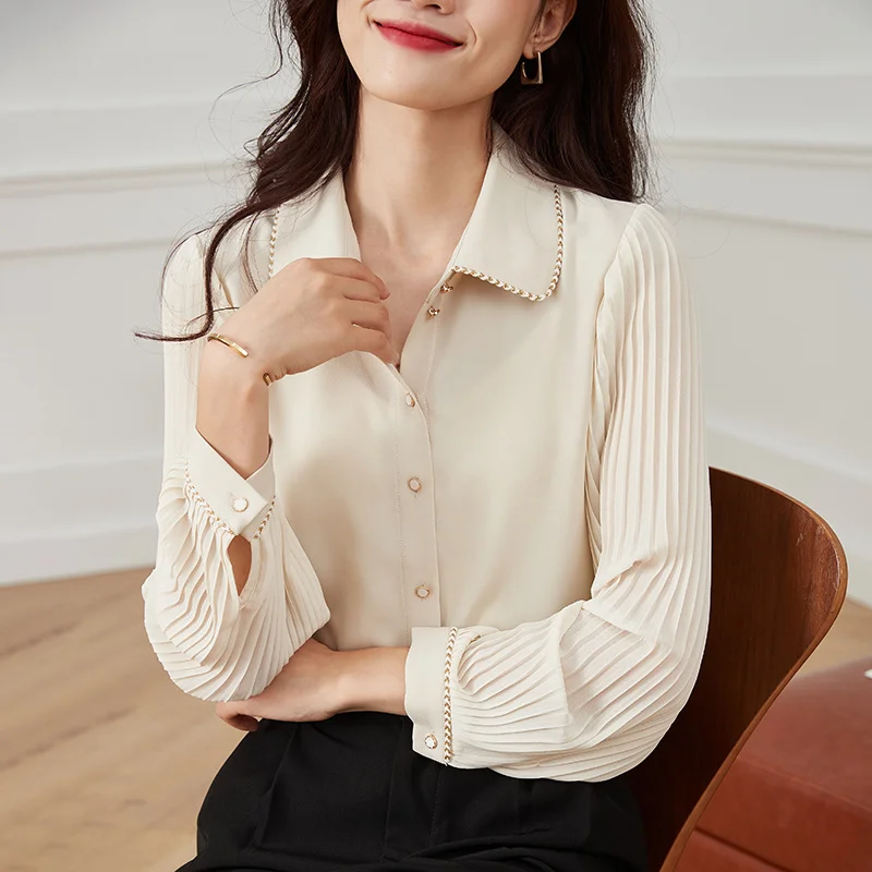 #2538 Beige Pleated Puff Sleeve Shirt Women Korean Style Office Shirt Female Turn-down Collar Chiffon Womens Tops And Blouses