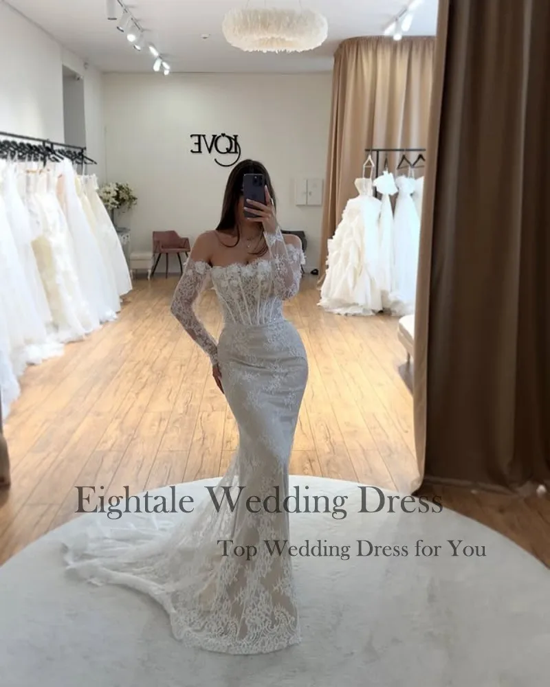 Eightale Boho Wedding Dress Customized Lace 3D Flowers Strapless Long Sleeves White Ivory Mermaid Bridal Gown Vestido De Noiva