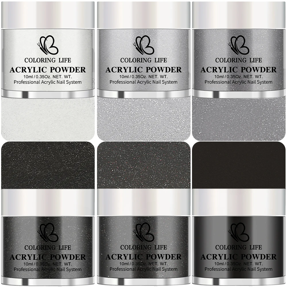 6개의 아크릴 파우더(화이트, 블랙, 실버, 그레이, 스파클) 올 시즌 디핑 파우더 스타터 키트 프렌치 네일 조각 매니큐어 살롱