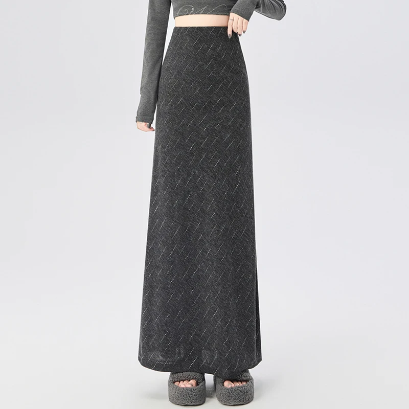 

Женская вязаная юбка 2025 г., длинные юбки с драпировкой и высокой талией для женщин, офисные элегантные женские юбки-русалки трапециевидной формы