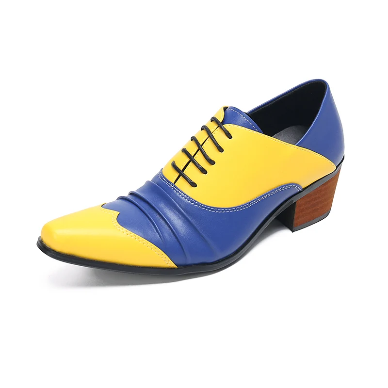 Fashion Color Blocking Men Pointed Toe Mid Heel Lace Up Shoes Business Large Size Formal Shoes Elegant Male Real Leather Shoes