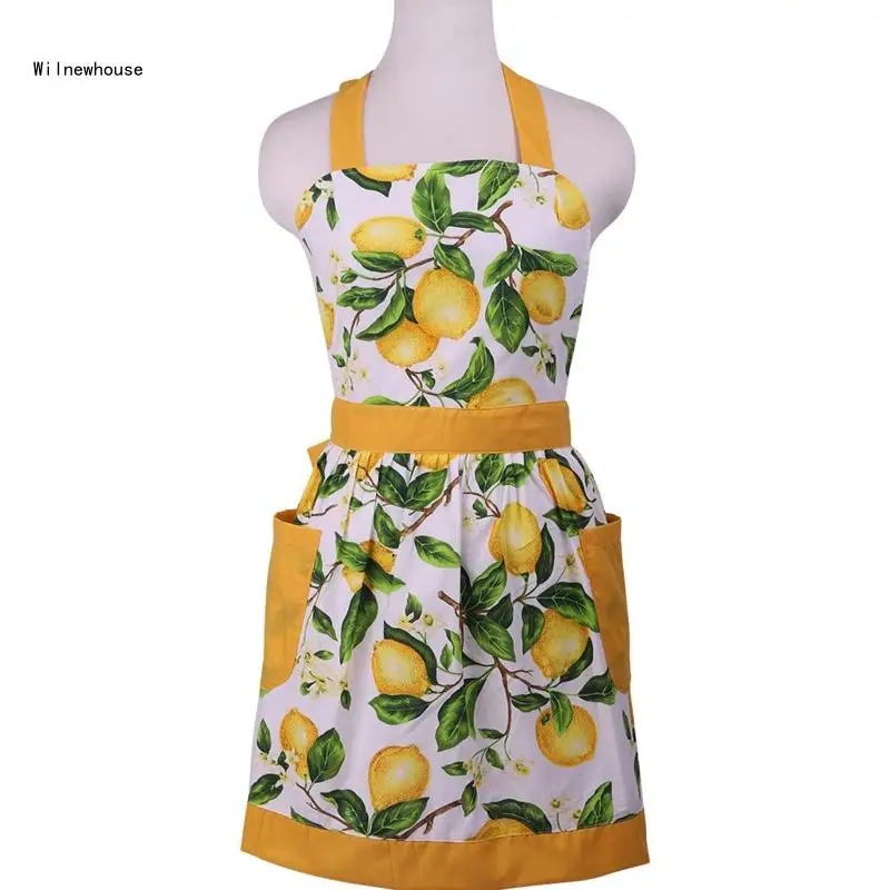 

Green Leaves Lemon Kitchen Apron with Pockets No Sleeve Hanging Neck Waist Strap for Adults Women Cooking Painting Bib Dropship