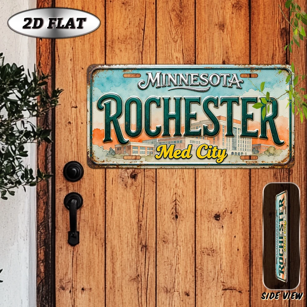 2D Flat Design, Vintage Aluminum Decorative Sign, Rochester, Minnesota Style, Nostalgic Outdoor Wall Art,Suitable for Home Decor