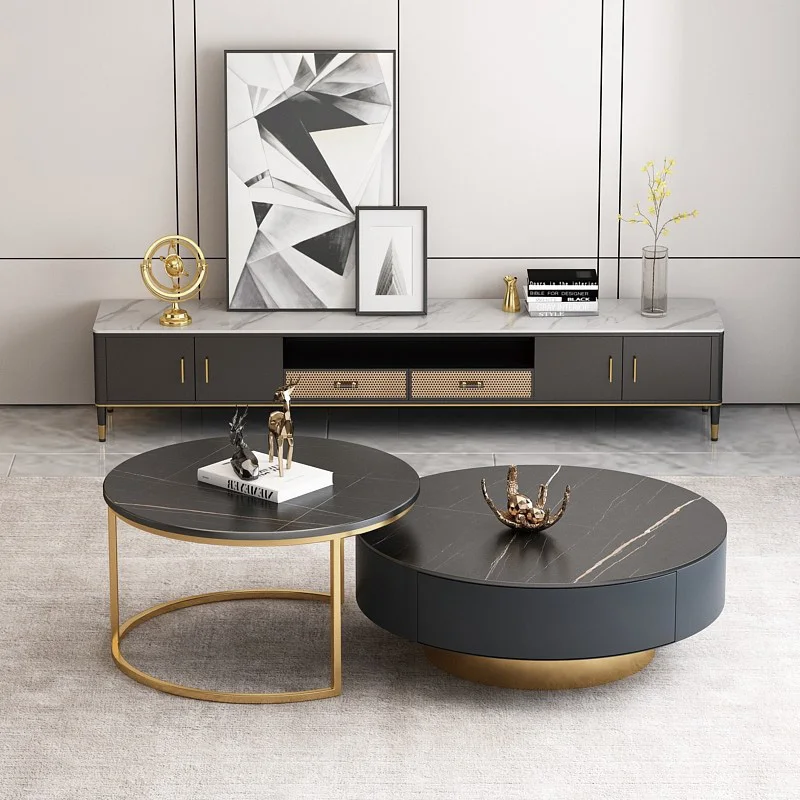 Modern Luxury Small Round Cafe Table 2pcs Set With Drawer Storage Marble Black Coffee Table