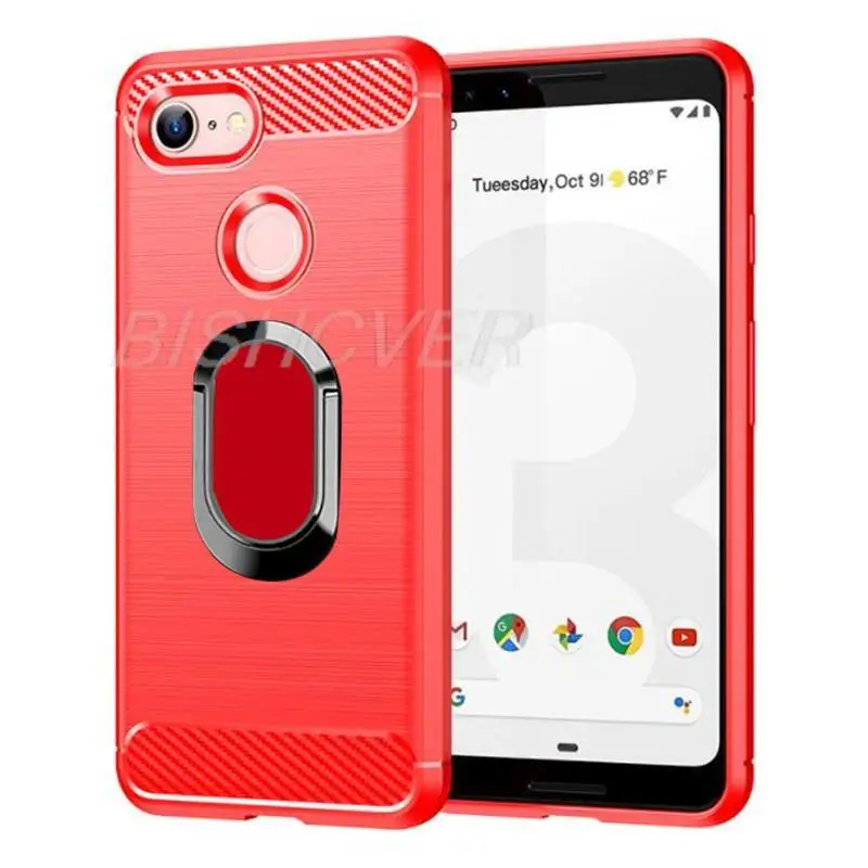 For Google Pixel 3 3A XL Brushed Carbon Fiber Silicone Phone Case For Google Pixel 3a Magnetic Ring Holder Stand Soft Cover