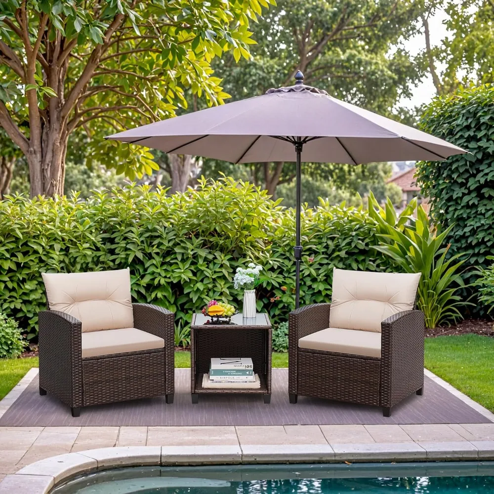 

3 Pieces Patio Furniture Sets Outdoor PE Rattan Wicker Chairs with Soft Cushion and Glass Coffee Table, Customized