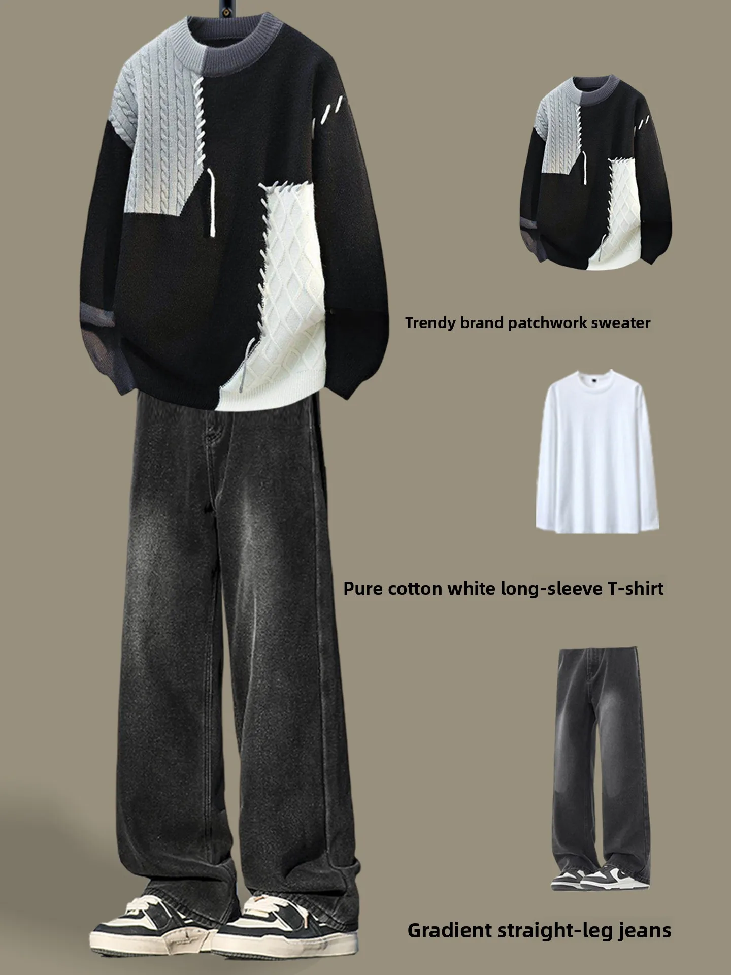 

Cool Men's Fce Lined Knitwear Set round Ne Spliced Color Winter Inner Wear Base Layer Loose Fit Youthful Sle Daily Com...