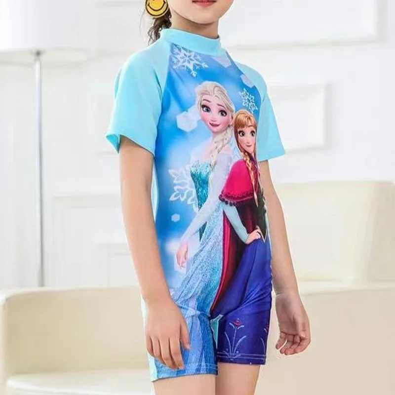 Disney Frozen Kids Swimsuit Kawaii Elsa Anna Sofia Princess Cosplay Children\'s Wear Sleeve Shorts One Piece Swimsuit with Hats