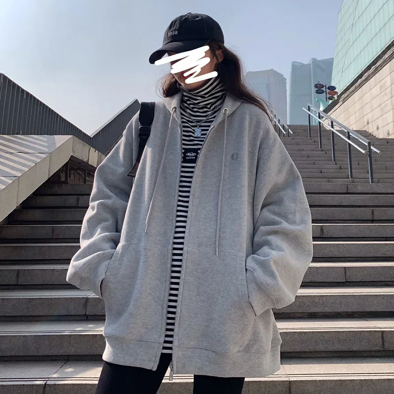 Y2k Women Casual Zip Up Oversized Hoodie Sweatshirt Female Streetwear Hooded Zipper Harajuku Sweat Shirt Top Clothes Korean