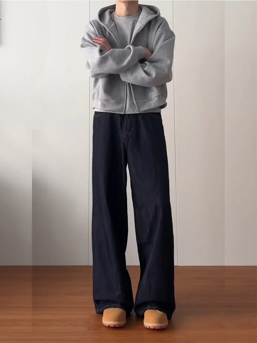 

Retro American Denim Blue Straight Leg Jeans Loose Wide Leg Cleanfit Trousers for Men And Women Basic Sle Casual Jeans