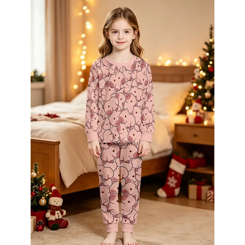 Girls Long Sleeve Crew Neck Pajama Set, Assorted Gingerbread Capybara Donut Pickle Pumpkin Ice Cream Prints, Great Birthday Gift