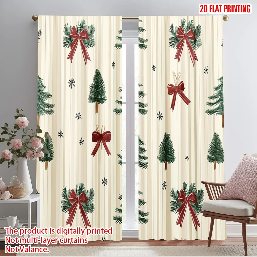 2pcs,2D plane printing Curtain Popular Christmas Trees Bows Holiday_a (2) Versatile Durable Polyester (without rod) Art Deco