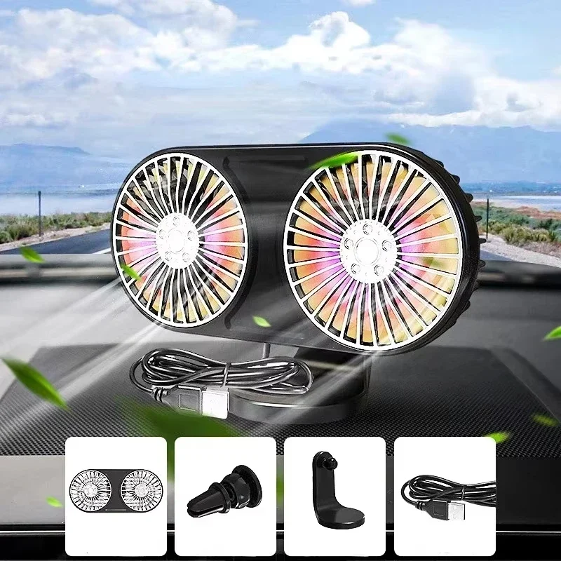 Car Fan Cooling Dual Head USB Cooler 3-Speed Adjustable Automotive Air Ventilation with Colorful Lights 5V for Dashboard Truck