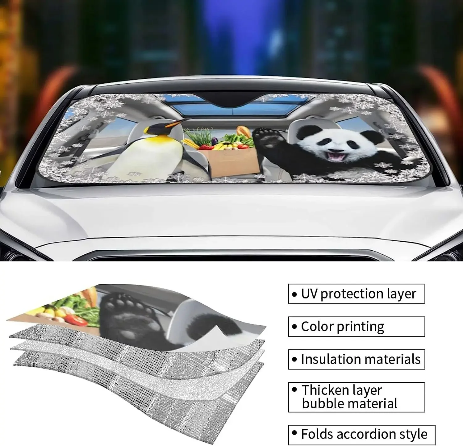 Car Windshield Sun Shade Foldable Panda Penguin Car Sunshade Cover UV Block for Car Front Windshield Sun Shade for Vehicles