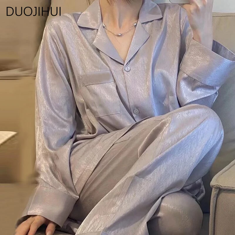 DUOJIHUI Spring Solid Color Two Piece Pajamas for Women Basic Long Sleeve Cardigan Simple Pant Loose Casual Female Pajamas Sets