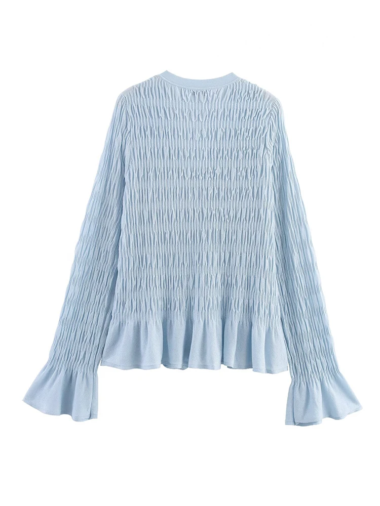 HH Women's Autumn Fashion Versatile Pleated Ruffled V-neck Knit Coat Female Sweet Single Breasted Casual Slim Cardigan Top