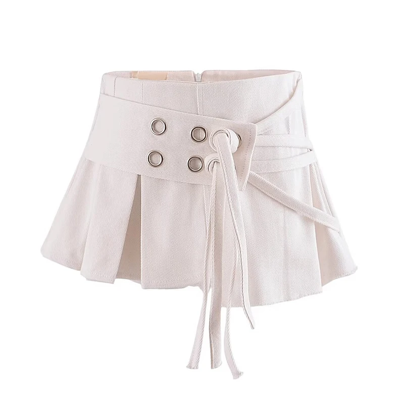 

YENKYE Sexy Low Waist Pleated Mini Skirt Summer 2024 Women Metal Eyelets Lacing Up Belt Fringed Hem Asymmetric Skirts Y2K