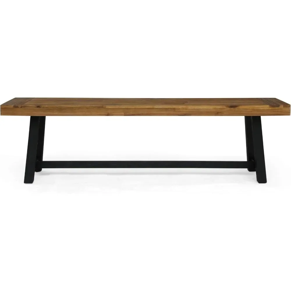 Toby Outdoor Acacia Wood Bench, Sandblast Teak Finish and Black