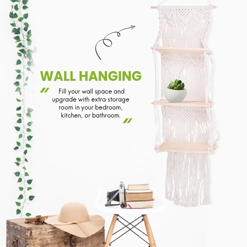 Boho Macrame Muur Hangende Plank 3 Tier Handgemaakte Geweven Kwast Hout Organizer Planken Muur Zwevende Hanger Voor Interieur